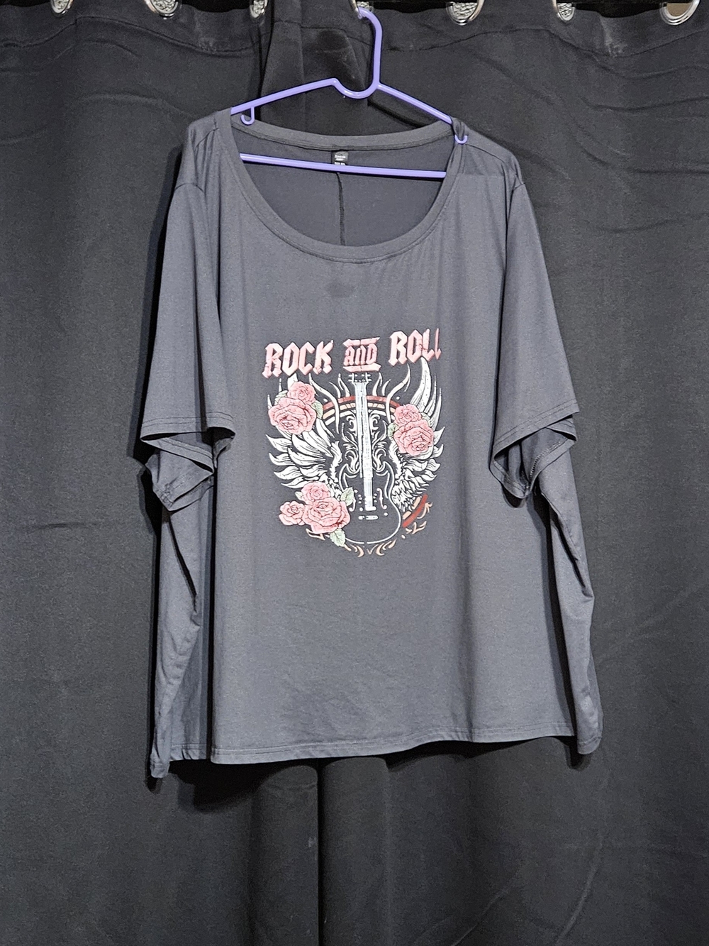 SHEIN Black Graphic Rock and Roll Short Sleeve Tee with Pink Roses & Guitar